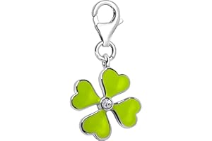 Quiges Charm Pendentif Breloque avec Fermoir Femme Plaqué Argent 3D Blanc Zircone Et Émail Vert Lucky Trèfle à 4 Feuilles