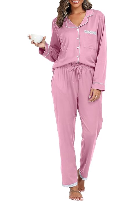 Pigiama Donna Cotone Lungo Pigiami Con Bottoni Leggero Invernale