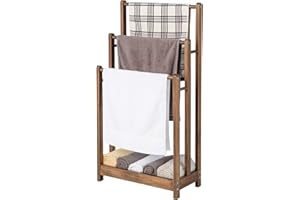 COSTWAY Freestanding Towel Rack, Solid Wood Towel Holder Drying Stand with 3 Towel Rails and Storage Shelf, Bathroom Accessory Organizer for Bath & Hand Towels, 45x22x86cm (Pine Wood, Rustic Brown)