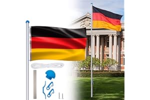 HENGMEI Mât de drapeau en aluminium de 6,50 m avec drapeau de l'Allemagne, cordon et douille de sol - Résistant aux intempéries - Réglable en hauteur - Pour l'extérieur