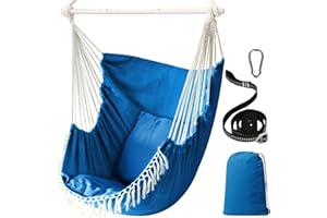 Chihee Hammock Chair Hanging Swing Max 500 Lbs 2 Cushions Included Metal Spreader Bar with Anti-Slip Grooves Portable Hanging Chair Side Pocket Large Macrame Bohemian Chair Indoor Outdoor