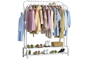 ZHZIRO Metal Clothes Rail Double Pole Coat Rack Freestanding Garment Rack Hanger With 4 Side Hooks and 2-Tier Lower Storage Shelf for Bedroom Home Office Indoor (White)