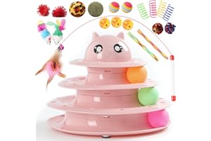 Vealind Cat Toys Bundle 21 PCS Kitten Toy for Indoor Cats Roller Balls Interactive Fun Roller 4 Level Cat Tower for Exerciser Wand Kitty Toy Set (Pink)