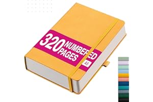 RETTACY Taccuino punteggiato formato A5, con copertina rigida in pelle spessa 320 numerati, portapenne, tasca interna, 2 stencil per diario, 14,5 x 21 cm, giallo