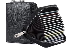 Goopai RFID 20 Card Slots Credit Card Holder Genuine Leather Accordion Card Case Small Wallet for Women or Men with Zipper (Black)