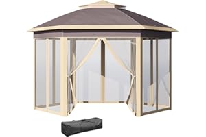Outsunny Carpa Plegable 4x3,4x2,85 m Cenador de Jardín Hexagonal con Doble Techo 6 Mosquiteras Desmontables Bolsa de Transporte Altura Ajustable en 3 Niveles y Anti-UV Gazebo para Fiesta Patio Beige