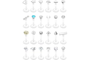 Diamday 24Pcs Piercing Labret Levre 16G Piercing Labret en Acier Inoxydable Piercing Tragus en Plastique Acrylique Transparent Helix Cartilage Conch Nez Piercing Labret Bioflex Retainers Flat Back