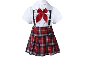 FEESHOW Mädchen Kleidung Set Festliche Schuluniform Anzug Karierter Mini Rock Hemd Und Krawattenknoten Party Fasching Outfit Cosplay