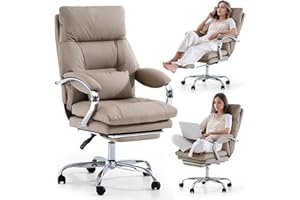 LEAGOO Home Office Desk Chairs with Foot Rest, Fully Reclining Ergonomic Executive Office Chair with Armrests, High Back PU Leather Comfy Swivel Computer Chair with Wheels and Lumbar Support, Khaki