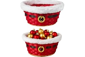 ALAYSTAR Set of 2 Santa Bamboo Baskets Red Woven Christmas Storage Bowls with Faux Fur Trim Gold Belt Buckle Festive Gift Hampers for Snacks Sweets Chocolates Xmas Decorations