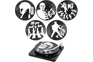 Coolty Juego de 6 posavasos de vinilo retro con soporte para tocadiscos para café, té, cerveza, bares, cafeterías, hogar, fiesta, oficina