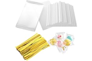 ANMEISH 300Pcs Cake Pop Kit Tools, Lollipop Sticks, 100Pcs Cake Pop Bags 100Pcs Cake Pop Sticks and 100Pcs Twist Ties, Perfect for Making Lollipops, Candies, Chocolates and Cookies