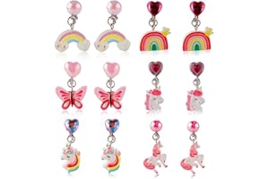MIKOVIVI 6 Paires de Boucles d'Oreilles à Clip pour Fille, Boucles d'Oreilles non Percées avec Coussinets d'Oreille Motif Arc-en-Ciel de Lapin Papillon Mignon à Clip non Perforées