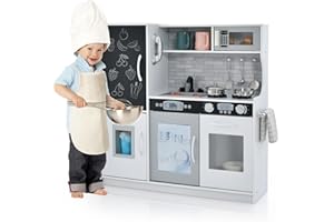 RELAX4LIFE Cucina Giocattolo per Bambini, Gioco Cucina in Legno con Frigo con Lavagna, Microonde, Forno, Macchina per il Ghiaccio, Mini Cucina per Bambini 3-6 Anni (Bianco, 82 x 24 x 80 cm)