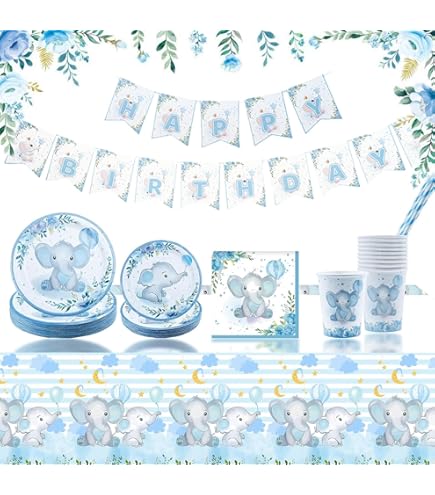 MORAINJAY 16 Pièces Assiettes En Papier Vaisselle Baby Shower,9 Pouces Elephant Bleu Assiettes Fête Pour Bébé Garcon,Vaisselle Anniversaire à Thème Elephant Bleu,Table Décoration -16 Invités