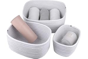 LA JOLIE MUSE La Jolíe Muse 13.5cm Cesto in Corda di Cotone,Cestini Portaoggetti con Manici Set di 3, Colore Bianco & Grigio Scuro