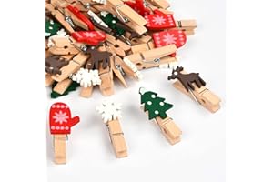 KATELUO 50 Piezas Mini Pinzas de Madera de Navidad, Mini Clip de Madera de Navidad, Pinzas de Madera Decorativas de Navidad, Utiliza para Navidad, Paredes de Fotos, Postales, Bolsas de Papel