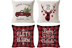 FEELAVA Bożonarodzeniowa poszewka na poduszkę, 4 szt., choinka, płatek śniegu, renifer, lniana poduszka dekoracyjna do wystroju mieszkania i sypialni Farmhouse Home