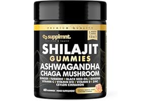 Supplmnt. New Reduced Sugar Coating 3000mg of Shilajit Gummies with 1500mg of Ashwagandha, Chaga Mushroom, Ginger, Turmeric, Black Seed Oil, Ginseng, Vitamins C, B12, D, Zinc, Ceylon Cinnamon