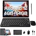 Android 12 Tablet with Keyboard 10 Inch 2 in 1 Tablets Set Include Case Mouse Stylus OTG, 4GB RAM+64GB ROM, 6000mAh Battery, Dual Camera, WiFi, BT, 10.1'' HD Display Tab, Google Certified Tableta