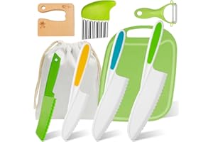 UMILKI Juego de Cuchillos de Cocina para Niños 8 piezas, Cuchillos de Seguridad de Madera Seguros para Niños con Bolsa de Almacenamiento, para Cortar y Cocinar, Tabla de Cortar, Pelador