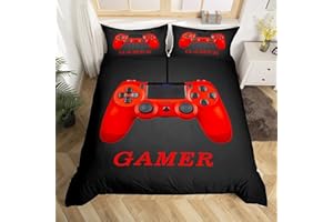 HOMEMISSING Gamer Bettwäsche Set für Jungen Teens Rot Schwarz Gaming Bettbezug Kinder Jugend Videospiel Bettbezug Abdeckung Spieler Gamepad Game Controller Bettwäsche 135x200cm Spiele Schlafzimmer Dekor