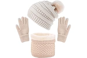 CheChury Cappelli Invernali Sciarpa Donna Invernale Berretto a Maglia con Sciarpa Beanie Collo della Ciarpa Guanti Touch Screen all'aperto Jogging Sci, 3 Pezzi