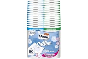 Foxy Bawełna | 5-warstwowy papier toaletowy | 60 rolek, 115 zrywek rolkowych, bardzo duże arkusze, z prawdziwymi włóknami bawełnianymi | Certyfikat FSC, 100% odnawialna energia elektryczna, opakowanie