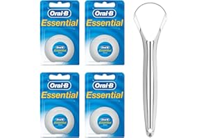 QUINN WHOLESALE OralB Essential Dental Floss & Tongue Scraper Bundle - Includes 4X 50M Unwaxed Dental Floss Tape & Stainless Steel Tongue Cleaner - Advanced Floss Tape for Superior Plaque Removal