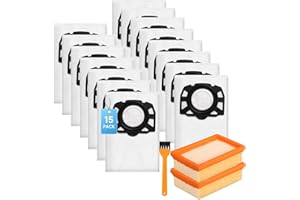 Kaiyaner 15 pièces Sac Aspirateur pour Karcher WD4 WD5 WD6 MV4 MV5 MV6 KFI 487 avec 2 KFI 4410 Filtrants Accessoire Filtre Aspirateur 2.863-006.0 2.863-005.0 Filtre pour Karcher