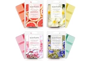SCENTORINI Wax Melts, Wax Cubes Wax Tarts, Scented Soy Wax Melts for Wax Warmer, Grapefruit, Cherry blossoms, Wild bluebell, Plumeria, 4x2.5 oz