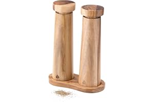 Navaris Salero y pimentero con Soporte - Molinillo de Sal Especias y Molino pimentero de Madera - Molinillos con Grano Ajustable - Diseño escandinavo