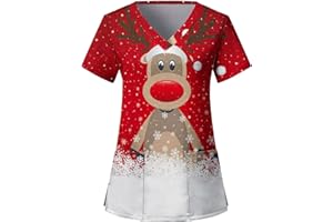 thuthu Weihnachten Kasacks Damen Pflege Bunt Motiv Kittel Damen Berufskleidung Kurzarm V-Ausschnitt Krankenschwester Kostüm Mit Taschen Laborkittel Berufsbekleidung Damen - Kasack - Tunika