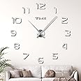 JIZZU Wall Clocks for Living Room, 3D Stick on Wall Clock Large Modern, 3D Self Adhesive DIY Frameless Large Wall Clock Modern Arabic Numerals for Living Room Kitchen Bedroom Office Home(Silver)