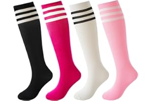 BISOUSOX 4 Pairs Unisex Kids Football Socks for Age 6-8/9-12 Knee High Socks Boys Football Socks Cotton Striped Socks Girls Football Socks Running Training Socks Gift for Kids