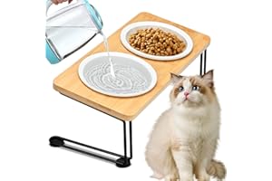 NIKYJM Gamelle Chat Surélevée Gamelle Ceramique pour Chat 2 Bols Chat Ceramique de Nourriture avec Support 15° Incliné et Planche de Bambou pour Chats et Petits Chiens