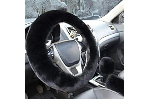 Fluffy Steering Wheel Cover, ZYNQACC Fuzzy Steering Wheel Cover for Women, Fashion Warm Wool Furry Steering Wheel Covers with Handbrake Cover & Gear Shift Cover, 1 Set 3 Pcs, 38CM… (BLACK)