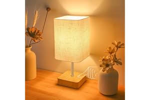 Jayencer Touch Control Table Lamp, Dimmable Touch Control Nightstand Lamp, Bedside Touch Lamp with Wood-Grain Base ＆ Beige Fabric Shade for Bedroom, Living Room, Children's room, Bulb Included