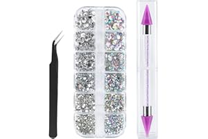 Canvalite 1500PCS Rhinestones in 6 Sizes Flat Back Gems, Crystal AB Nail Art Gems with Pick Up Tweezers and Rhinestone Picker Dotting Pen, Tools for Nails, Clothes, Face, Craft