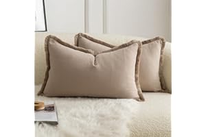 Mandioo Set of 2 Neutral Cotton Fringe Cushion Covers 30x50 cm 12x20 inch Decorative Boho Farmhouse Throw Pillowcase Cozy Tassels for Couch Sofa Bedroom Living Room Home Decor Taupe