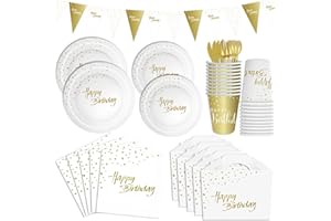 Vaisselle jetable, 181 Pièces Assiettes, Gobelets, Serviettes, Boîte à gâteau, Bannières, Couverts, or métallique Décorations de fête, Vaisselle Sets de couverts jetables Joyeux anniversaire (Blanc)
