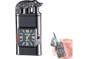 ICOYEA Windproof Lighter Vintage Watch Bezel Jet Flame,New Cool Unique Windproof Vintage Lighter,Dual Flame Design,2 In 1 Inflatable Lighter with Electric Watch for Men'S Gifts (A)