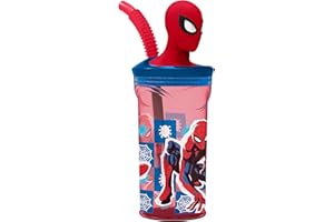 p:os 35478 - Taza para beber Spiderman para niños con pajita integrada, tapa y figura en 3D, recipiente para beber con capacidad de 360 ml aprox., ideal para bebidas frías