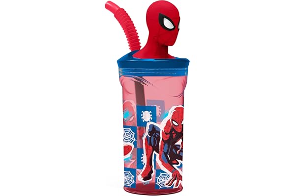 p:os Spiderman dryckesbägare barn 360 ml med sugrör och 3D-figur | Barnmugg i plast i svart-röd för kalla drycker – skola, dagis och på språng, från 3 år