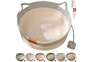 2026 New Basket For Cats,Pets Hand Woven Cotton Bed Basket,With Built-In Scratching Pad And Play Ball,Soft Support Cushion, L