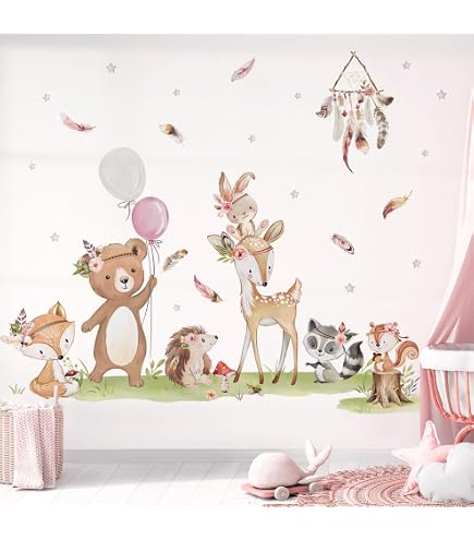 Little Deco Wandtattoo Waldtiere Fuchs & Reh - Selbstklebend, 123x69 Cm, Für Kinderzimmer