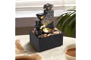 Toaboa Fuente de mesa, cascada con luces suaves, 17 x 11 x 9 cm, fuente de meditación con piedras, ornamentos de agua fluidos, creativos, ideales para meditación decorativa y relajación