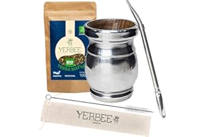 YERBEE Yerba Mate Ritual Set: Palo Santo Mate Gourd 250 ml (wood with aluminum coating) - Stainless Steel Bombilla 19 cm - Organic Yerbee Mate Argentina 100 g - Cleaning Brus