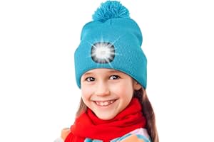 Deilin Geburtstag Geschenke für Junge Mädchen, Bommel Mütze mit Led Licht USB Wiederaufladbare Winter Strickmütze mit Stirnlampe Süßer Pompom Details - Ideal für Nächtliche Aktivitäten & Outdoor