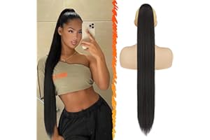 BARSDAR Longue Raides Queue de Cheval Extension - 86cm Noir Queue de Cheval Extension de Cheveux avec Cordon Synthétique Faux Queue de Cheval Postiche Clip Queue de Cheval pour Femmes - Noir Naturel